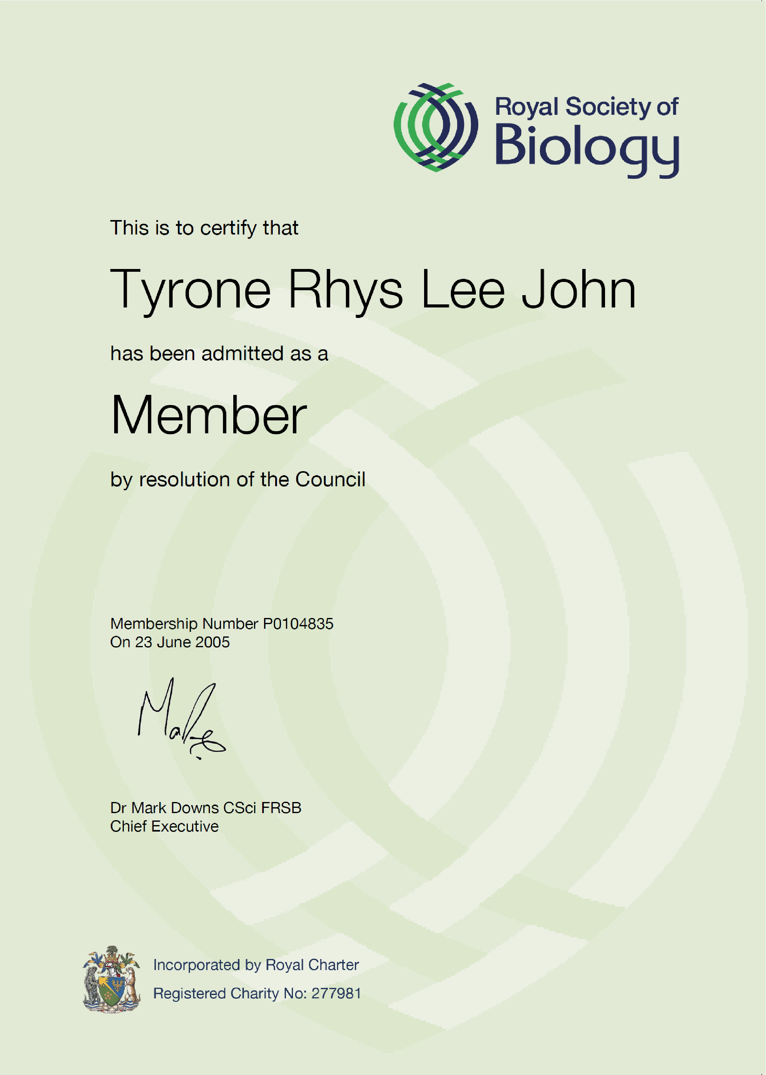 Certificate showing membership of the royal society of biology