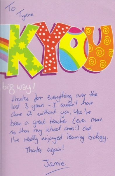 thankyou card from a-level biology students
