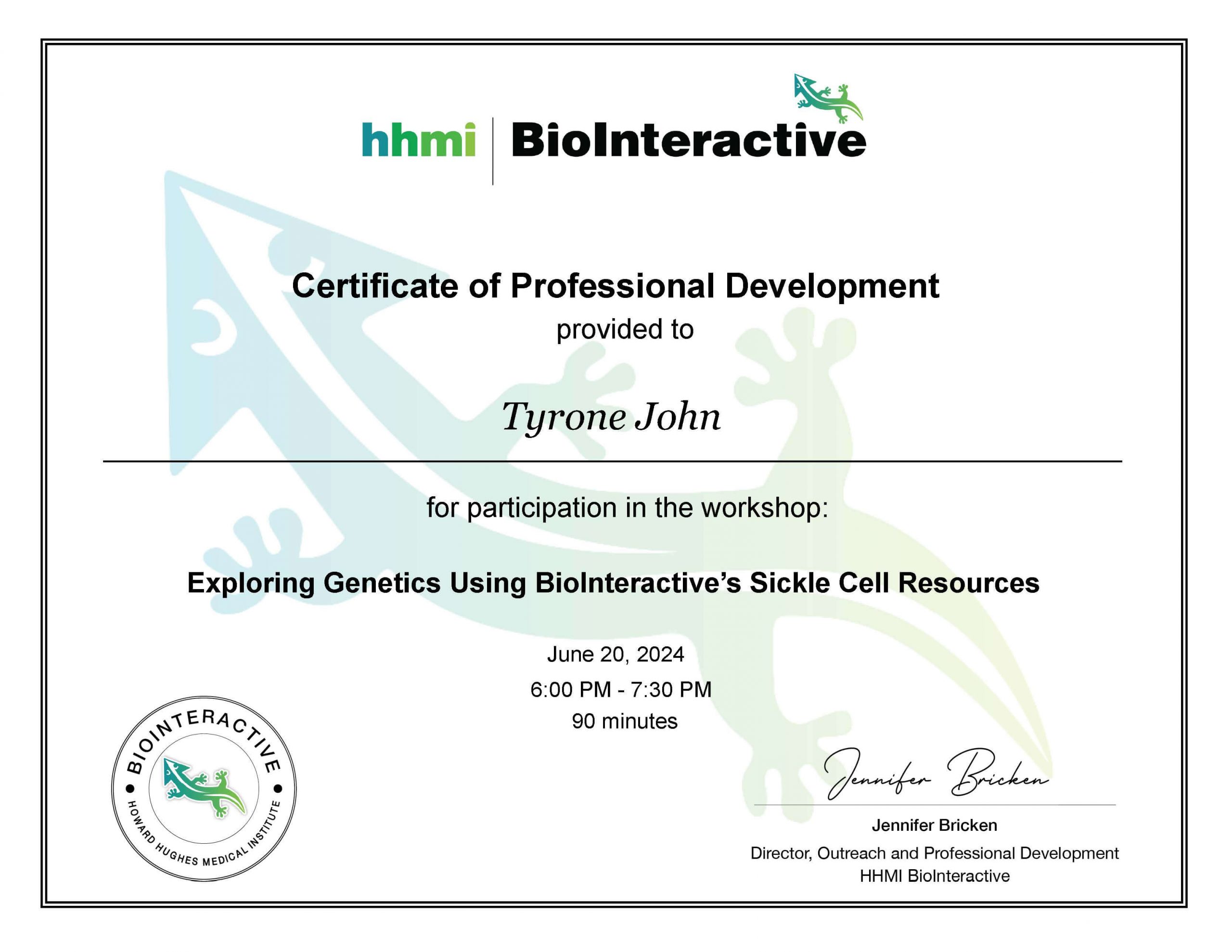 HHMI BioInteractive course completion certificate for biology education training