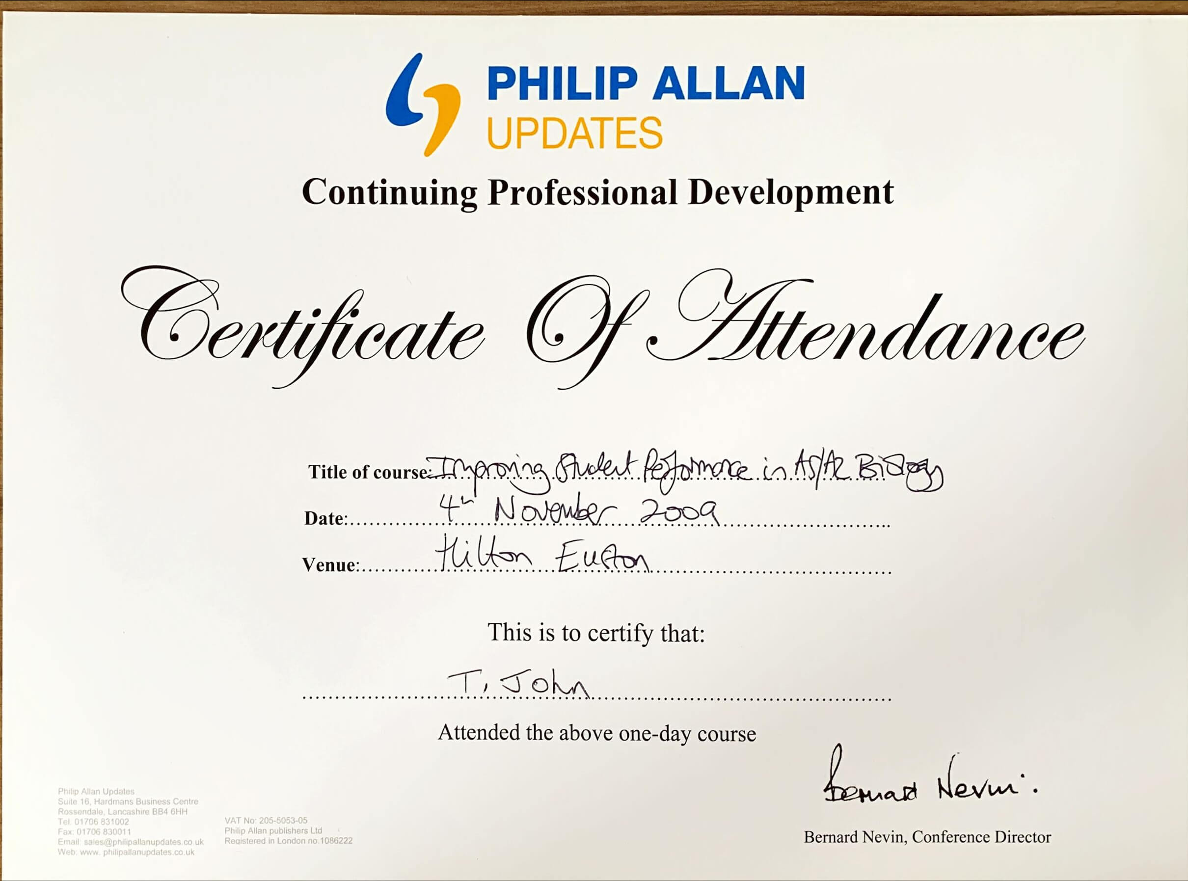 Professional development certificate for A-Level Biology teaching CPD