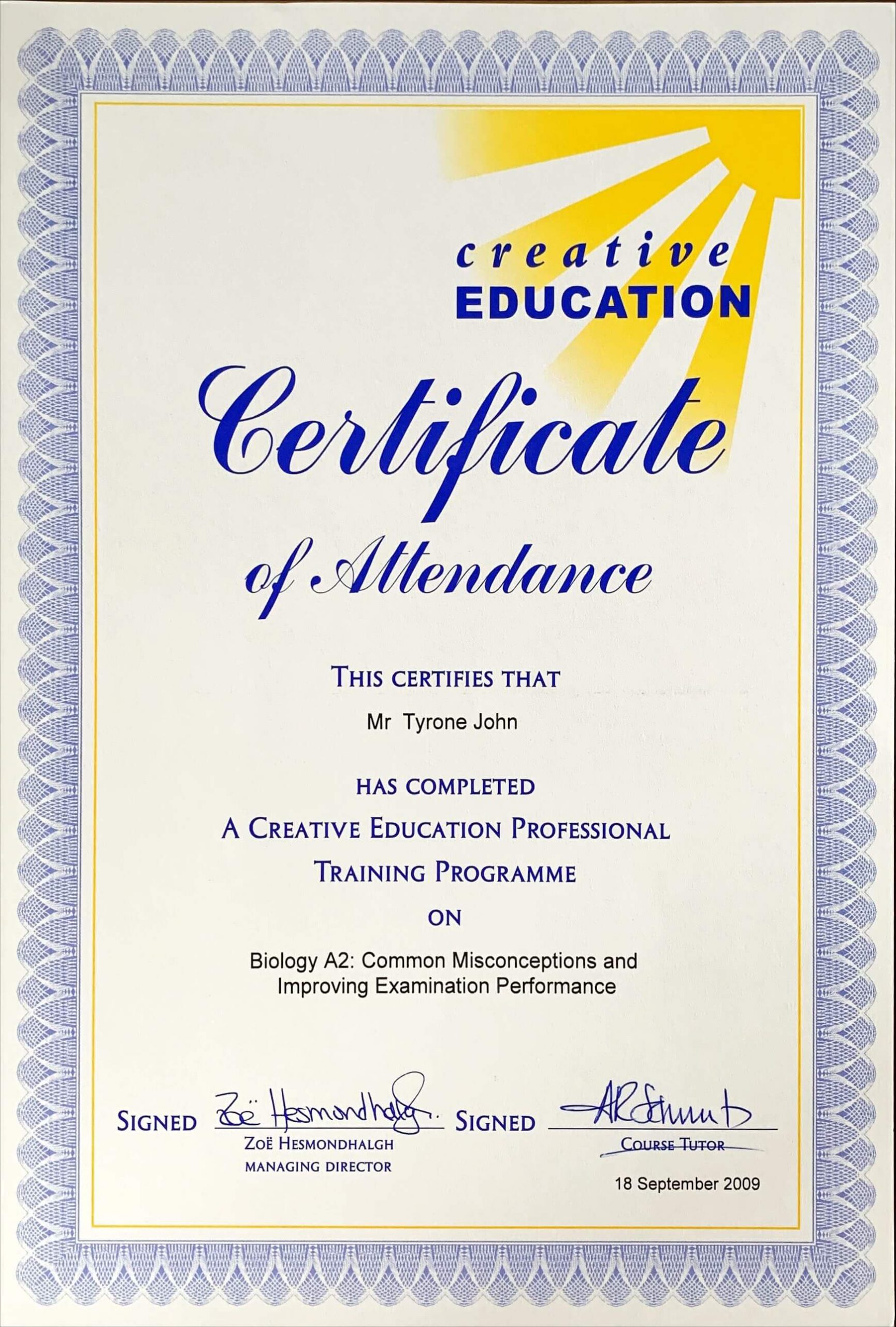 Science education conference attendance and CPD certificate