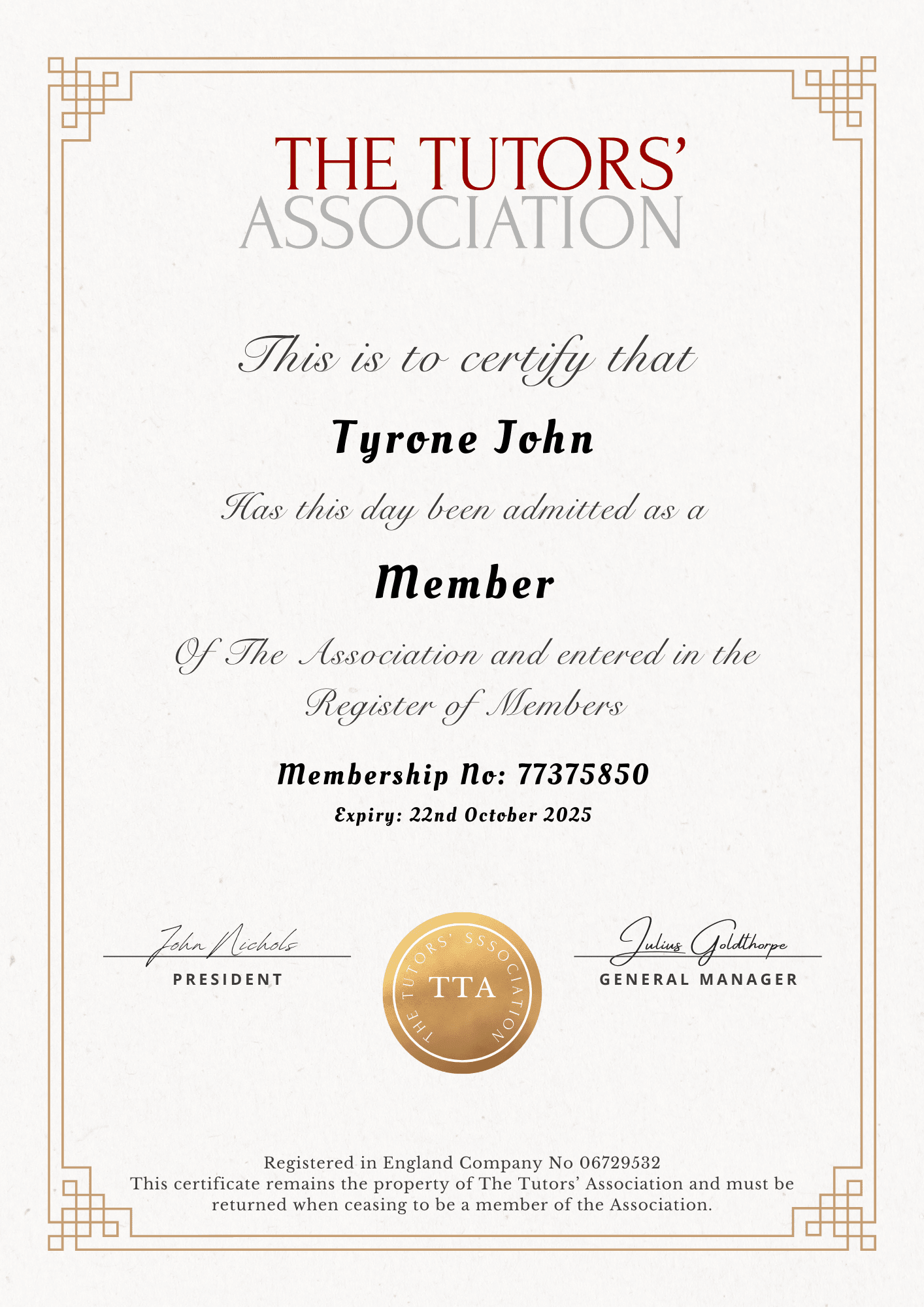 The Tutors' Association membership certificate 2025 awarded to Tyrone John