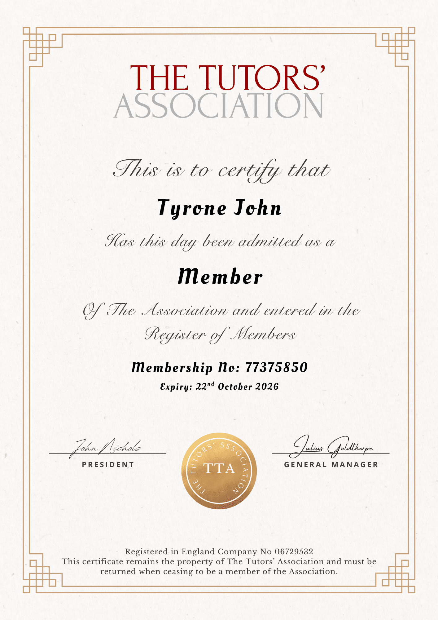 The Tutors' Association membership certificate 2026 awarded to Tyrone John