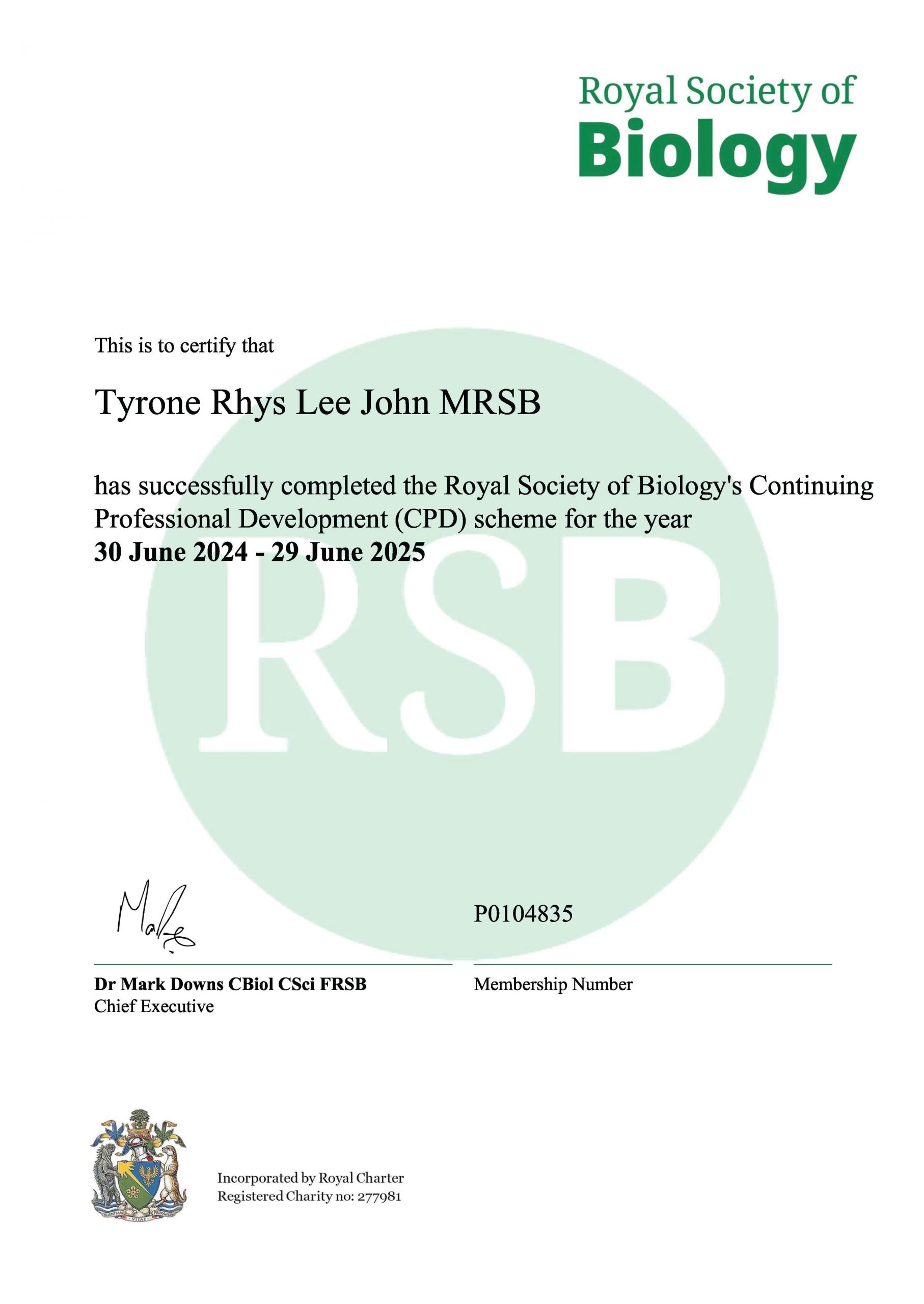 Royal Society of Biology CPD certificate 2024-2025 for continuing professional development in biology education