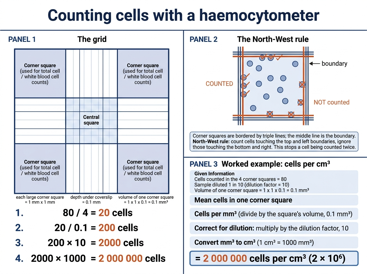 Haemocytometer summary: Panel 1 the grid with four 1 mm by 1 mm corner squares bordered by triple lines and a central square with depth 0.1 mm; Panel 2 the North-West rule where the middle of the triple line is the boundary and cells touching the top and left are counted; Panel 3 a worked example counting 80 cells diluted 1 in 10 giving 2,000,000 cells per cm cubed