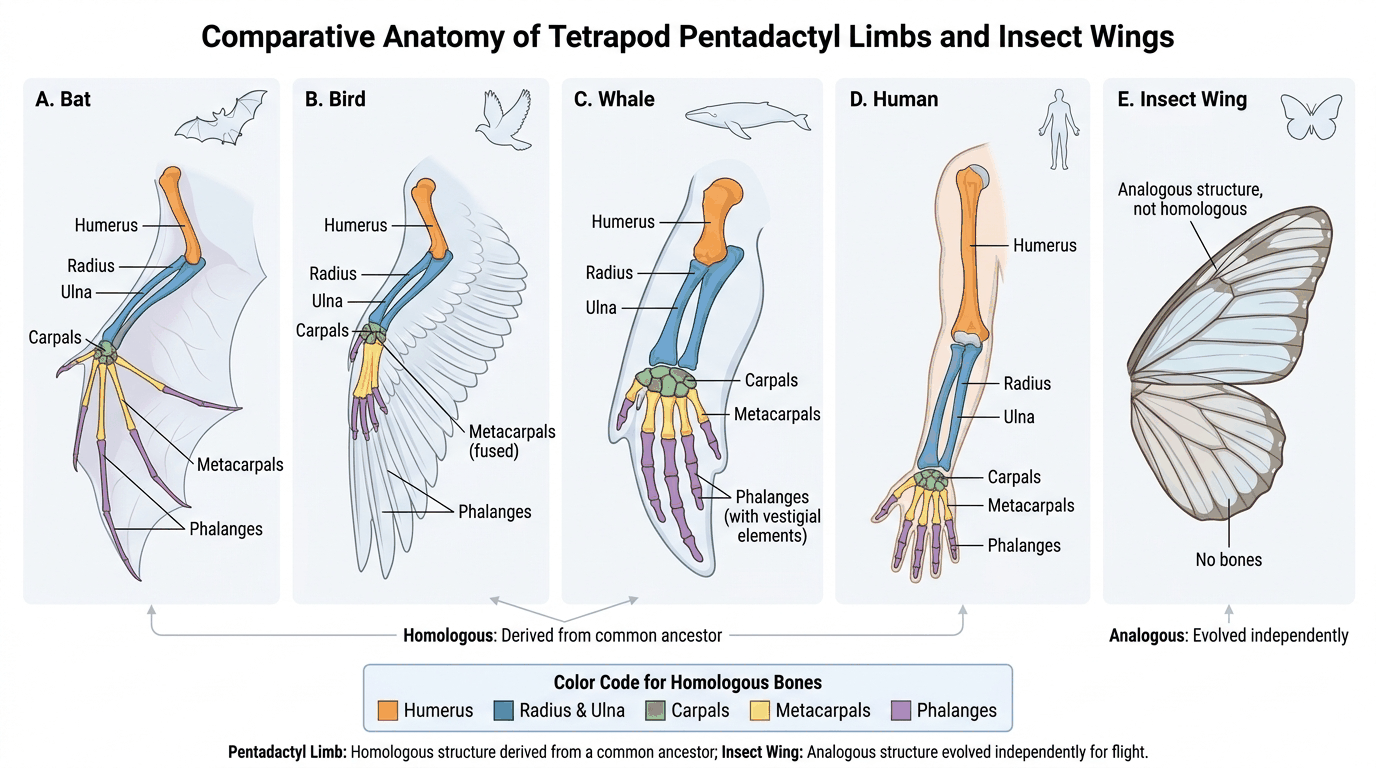 Comparative anatomy diagram of the tetrapod pentadactyl limb showing the homologous forelimb bones of a bat, bird, whale and human, with the humerus, radius and ulna, carpals, metacarpals and phalanges colour-coded to show they are the same bones inherited from a common ancestor, contrasted with an insect wing which is an analogous structure with no bones that evolved independently for flight.