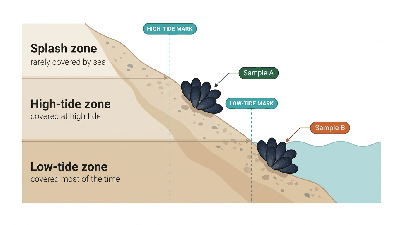 Cross-section of a rocky shore for A-level biology, showing three zones down the slope: the splash zone (rarely covered by sea), the high-tide zone (covered at high tide) and the low-tide zone (covered most of the time) near the sea. Dashed teal lines mark the high-tide and low-tide marks. Mussels labelled Sample A sit in the high-tide zone and mussels labelled Sample B sit lower down in the low-tide zone near the water.